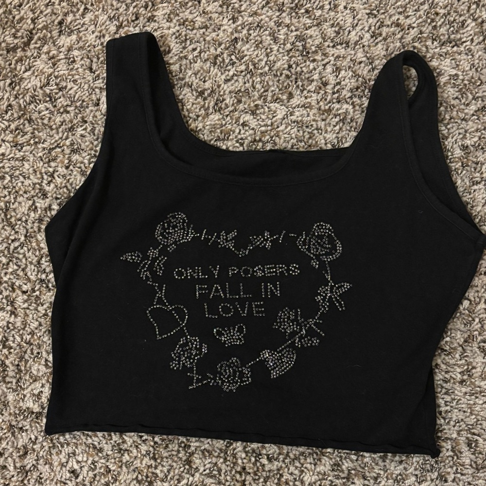 Black Tank Top with Rhinestone Design